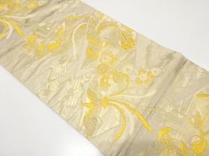 アンティーク　尾長鳥に鴛鴦・花筏模様織り出し袋帯（材料）